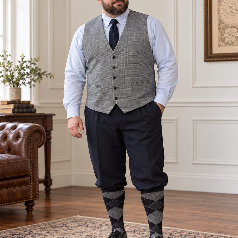 20er Jahre Herren Knickerbocker Outfit große Größe mit karierter Weste und Schiebermütze