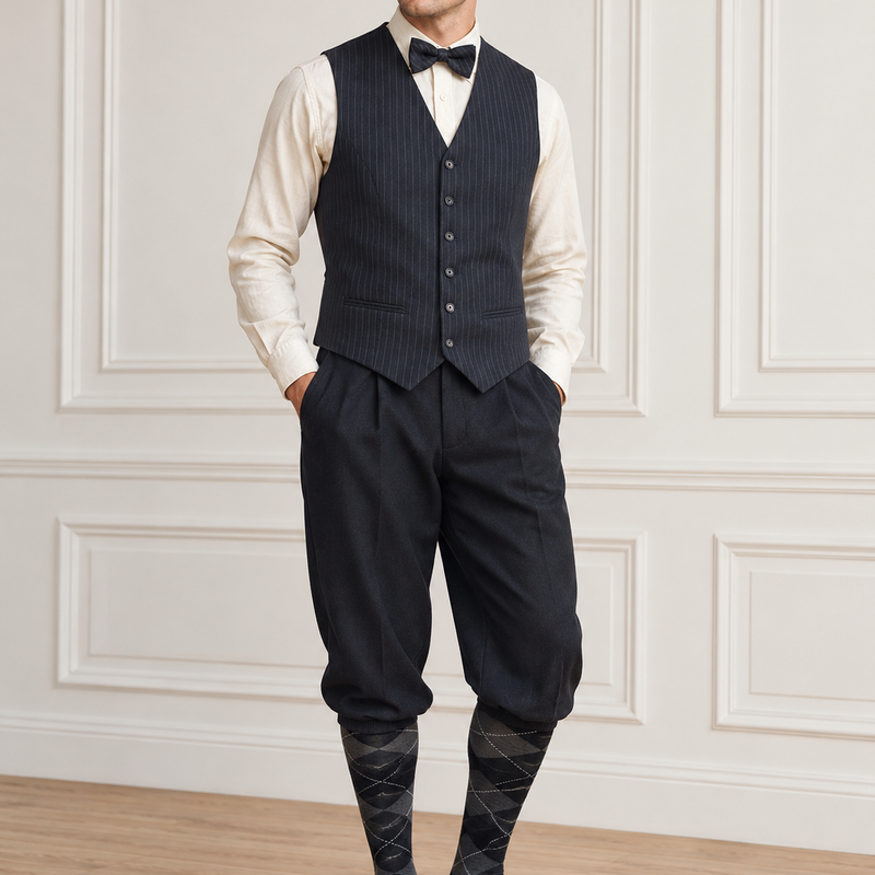 20er Jahre Herren Knickerbocker Outfit mit Nadelstreifenweste und Schiebermütze