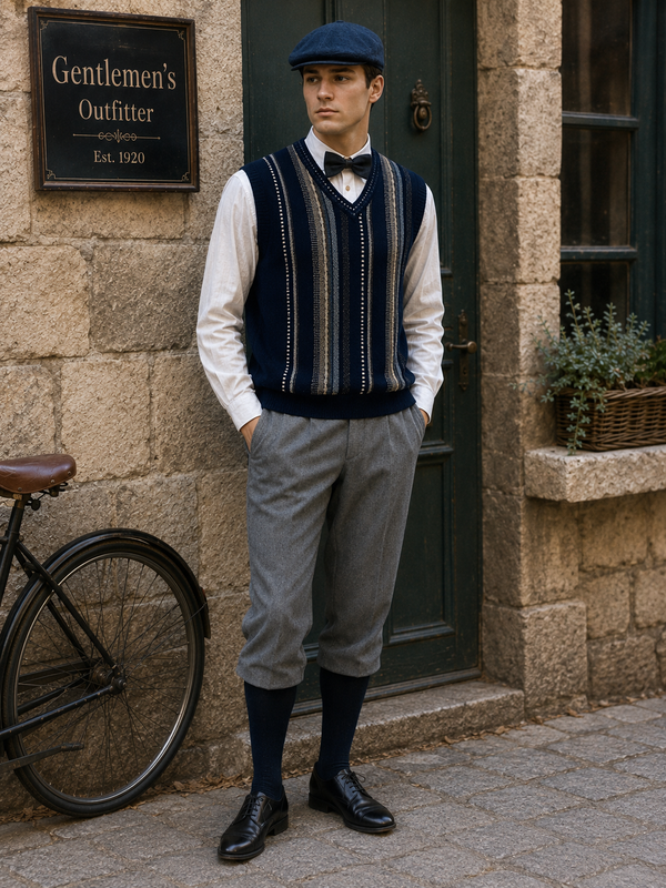 „Herren Knickerbocker Outfit im 20er Jahre Stil mit blauer Schiebermütze, weißem Hemd, Fliege, gemusterter Strickweste und grauer Kniebundhose vor historischer Steinfassade“
