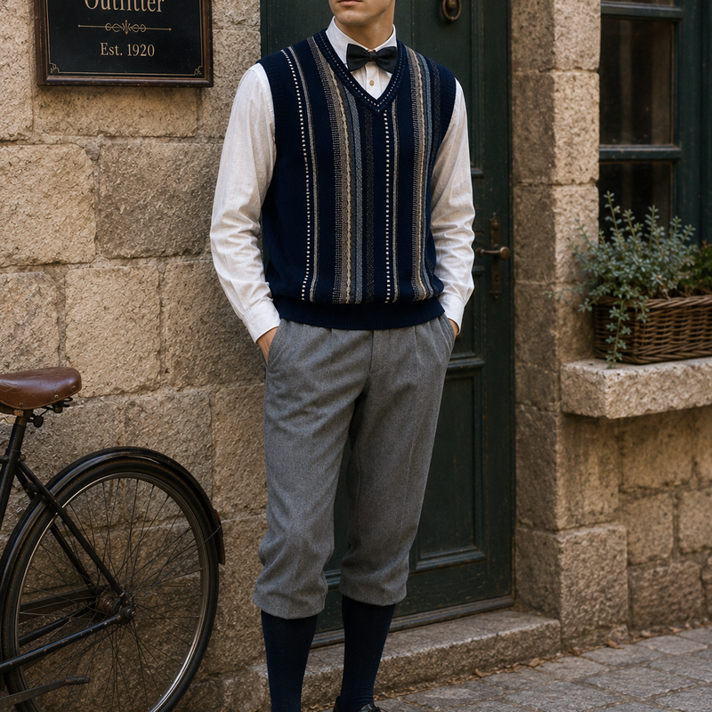 „Herren Knickerbocker Outfit im 20er Jahre Stil mit blauer Schiebermütze, weißem Hemd, Fliege, gemusterter Strickweste und grauer Kniebundhose vor historischer Steinfassade“