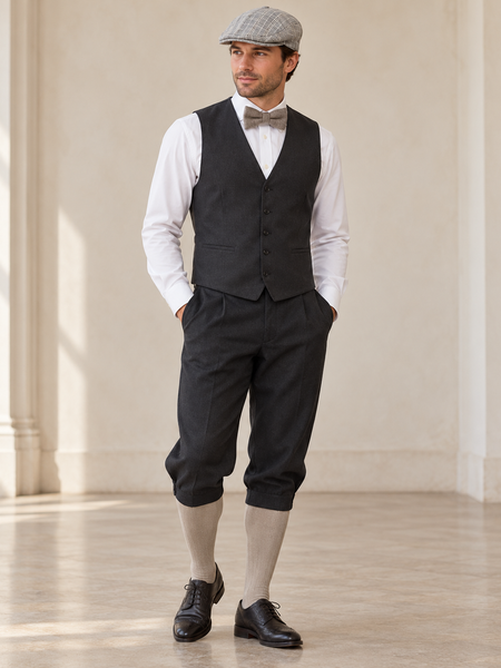 20er Jahre Herren Knickerbocker Outfit dunkelgrau mit Weste, Fliege und Schiebermütze