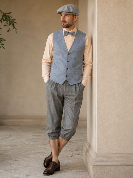 Model im legeren 20er Jahre Herrenoutfit mit hellblauer Weste, hellem Hemd, karierter Knickerbocker, Schiebermütze und Fliege