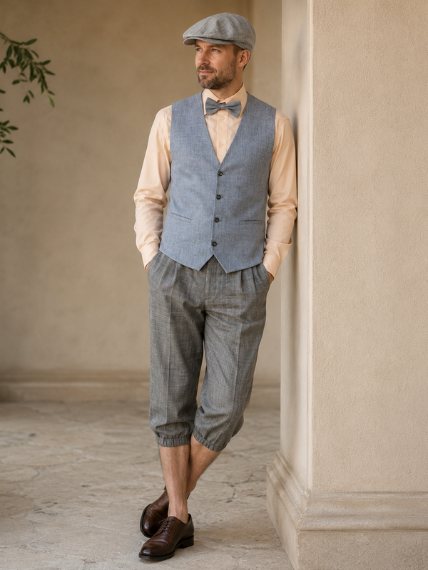 Model im legeren 20er Jahre Herrenoutfit mit hellblauer Weste, hellem Hemd, karierter Knickerbocker, Schiebermütze und Fliege