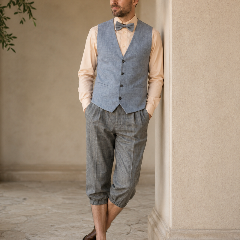 Model im legeren 20er Jahre Herrenoutfit mit hellblauer Weste, hellem Hemd, karierter Knickerbocker, Schiebermütze und Fliege