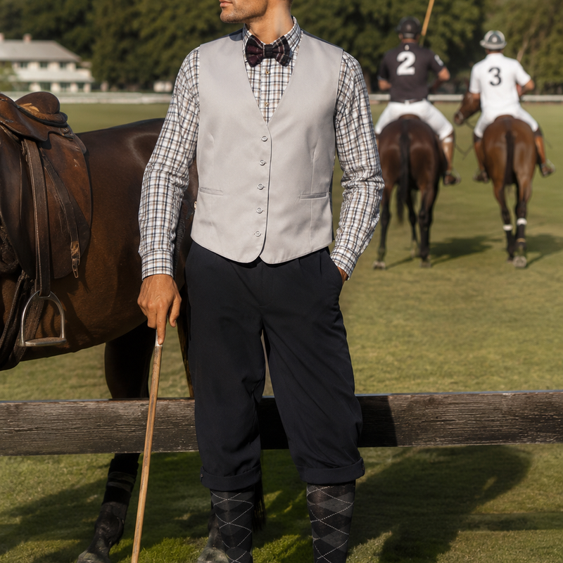 „20er-Jahre Knickerbocker Outfit Herren mit Weste, Hemd, Fliege und Schiebermütze beim Polo“