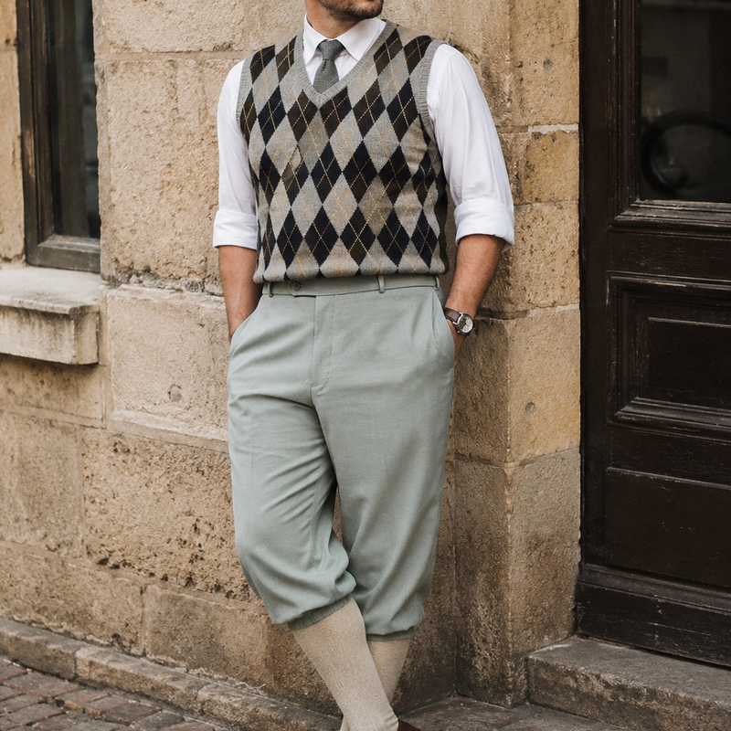 KI-generiertes Bild eines Herren-Outfits im 20er-Jahre-Stil mit salbeigrüner Knickerbocker, Rautenpulli, Schiebermütze und Kniestrümpfen in realer historischer Umgebung