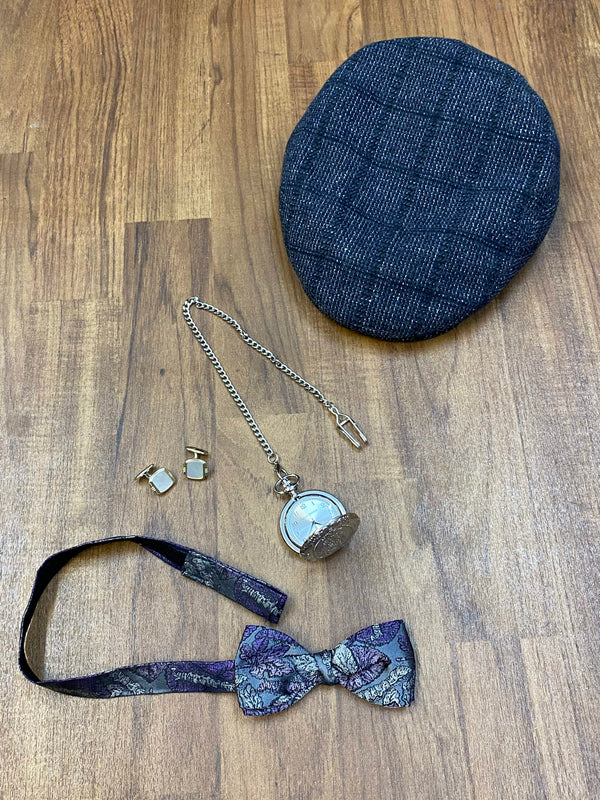 Schiebermütze, Fliege, Taschenuhr und Manschettenknöpfe für Vintage Herren Outfit