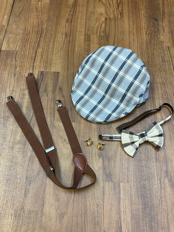 20er Jahre Herren Outfit in Beige mit Knickerbocker, weißem Hemd, karierter Fliege und Schiebermütze in Größe 54, Ansicht 7