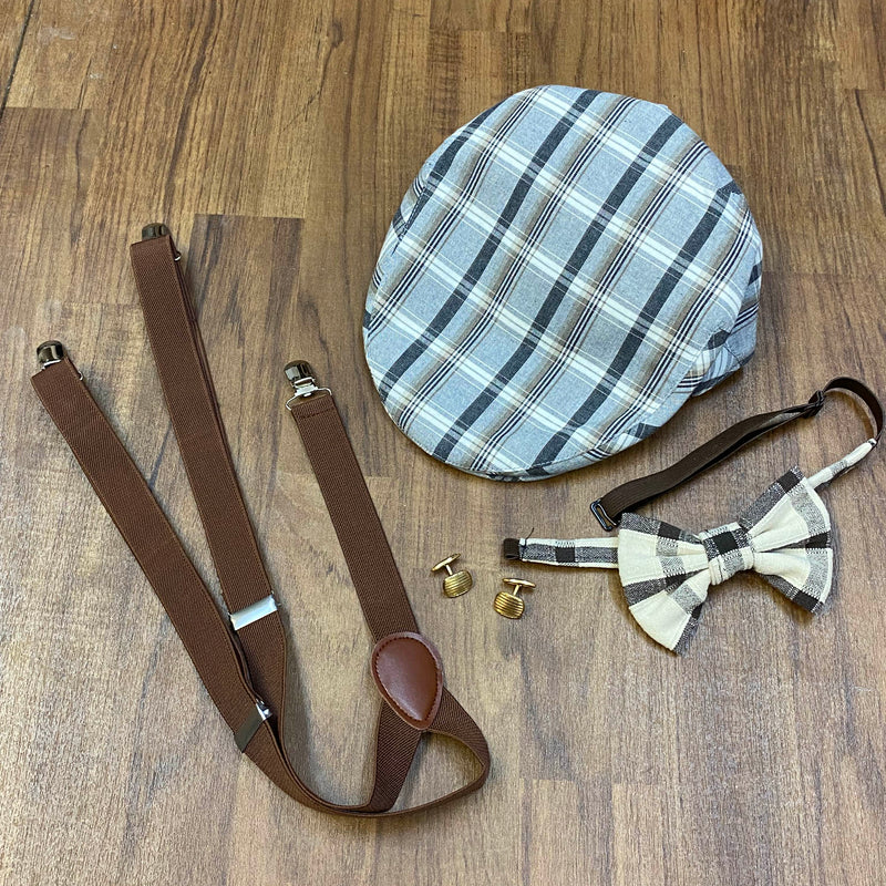 20er Jahre Herren Outfit in Beige mit Knickerbocker, weißem Hemd, karierter Fliege und Schiebermütze in Größe 54, Ansicht 7
