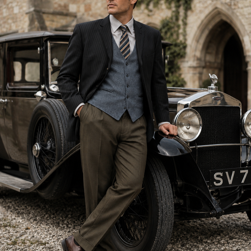„20er Jahre Herren Outfit mit dunklem Nadelstreifen-Sakko, graublauer Weste, gestreifter Krawatte und Schiebermütze an männlichem Modell vor historischem Oldtimer“