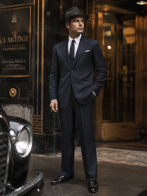 „Dunkler 20er Jahre Nadelstreifenanzug Herren mit Sakko und Hose im Gatsby und Al-Capone-Stil“