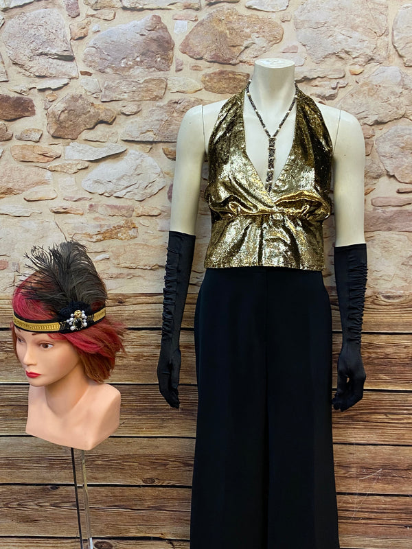 „20er Jahre Damen Outfit schwarz gold Marlene Stil komplett Set Vintage Detail“