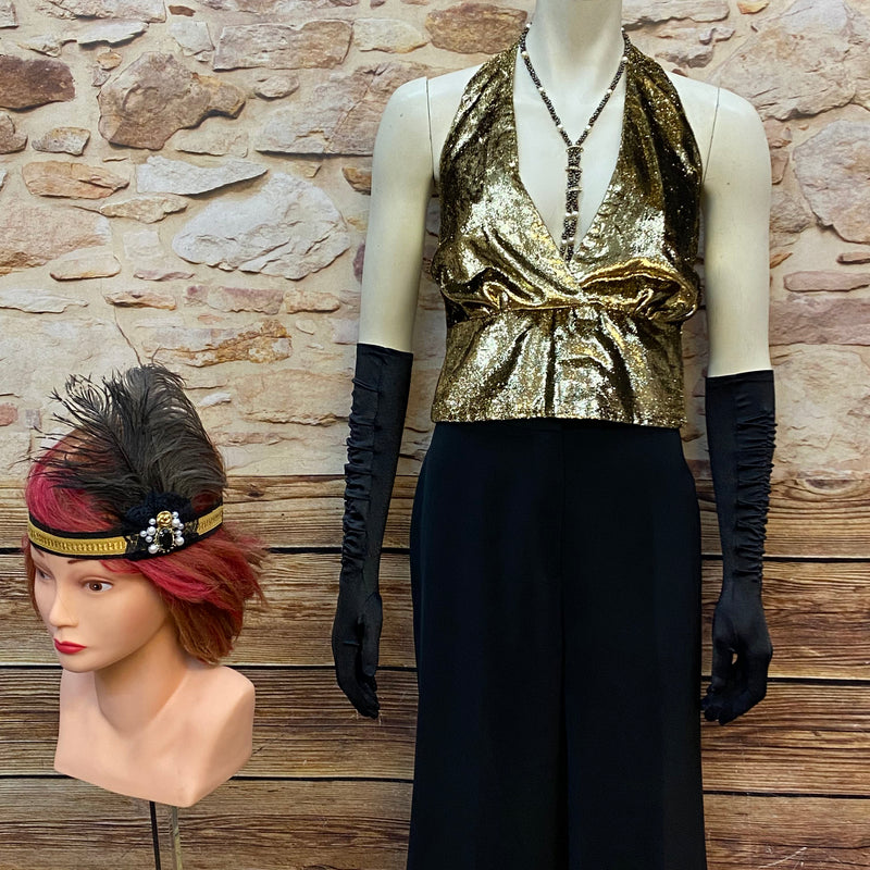 „20er Jahre Damen Outfit schwarz gold Marlene Stil komplett Set Vintage Detail“