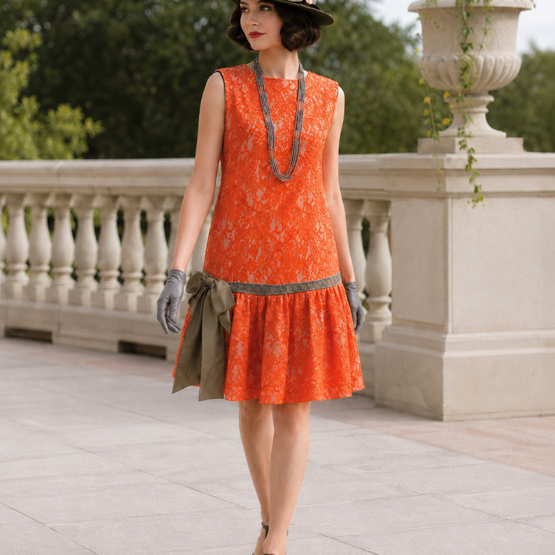 „Model im orangefarbenen 20er Jahre Tageskleid mit Drop-Waist-Schnitt, olivgrünem Vintage Hut, grauen Lederhandschuhen und langer Kette auf eleganter Terrasse“