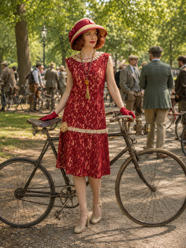 „20er-Jahre Outfit auf einem Model beim Tweed Ride im Park mit historischem Fahrrad und elegantem Vintage-Stil“
