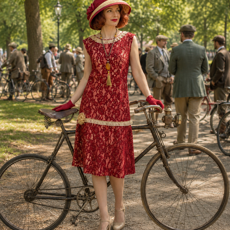 „20er-Jahre Outfit auf einem Model beim Tweed Ride im Park mit historischem Fahrrad und elegantem Vintage-Stil“