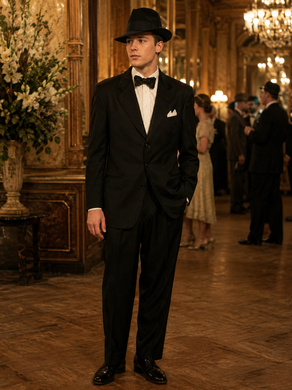 „Elegantes 20er-Jahre Herren-Outfit mit schwarzem Anzug, weißem Hemd, Fliege und Hut im Ballsaal“