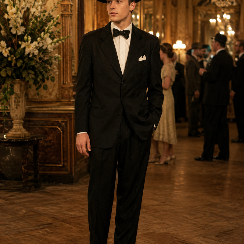 „Elegantes 20er-Jahre Herren-Outfit mit schwarzem Anzug, weißem Hemd, Fliege und Hut im Ballsaal“
