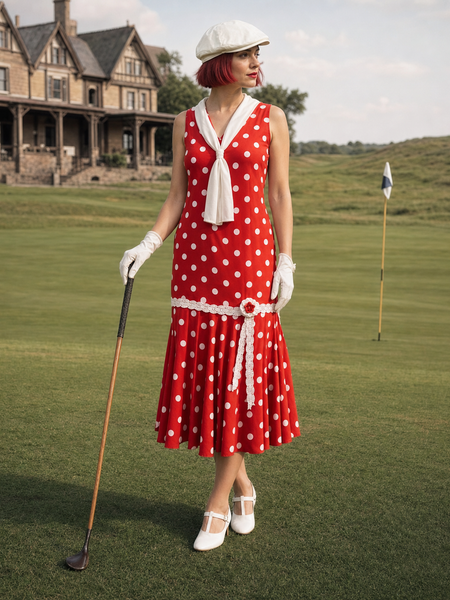  Model im roten 20er-Jahre-Tageskleid mit weißen Punkten, weißer Schleife, Spitze, Kappe und Handschuhen auf einem historischen Golfplatz