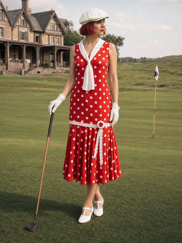  Model im roten 20er-Jahre-Tageskleid mit weißen Punkten, weißer Schleife, Spitze, Kappe und Handschuhen auf einem historischen Golfplatz