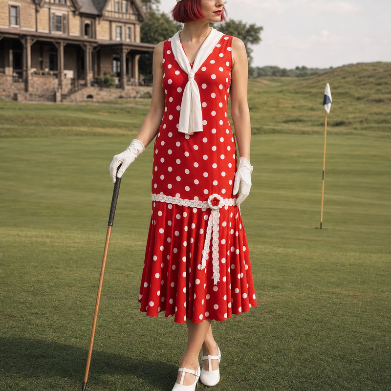  Model im roten 20er-Jahre-Tageskleid mit weißen Punkten, weißer Schleife, Spitze, Kappe und Handschuhen auf einem historischen Golfplatz
