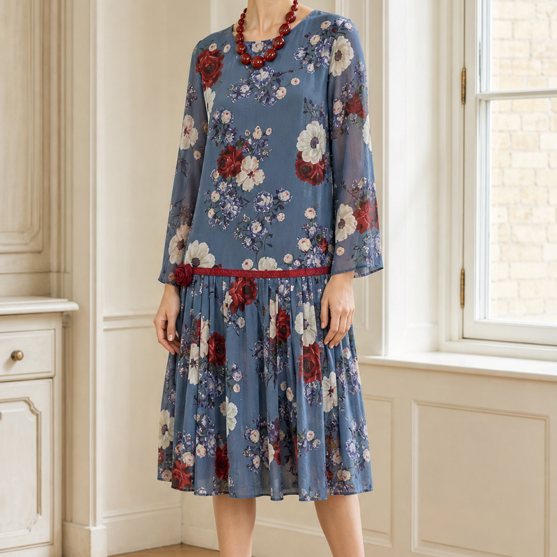 Frau in heller Innenumgebung trägt ein blaues, florales Tageskleid im Stil der 1920er-Jahre mit rotem Hut und roter Statement-Kette.