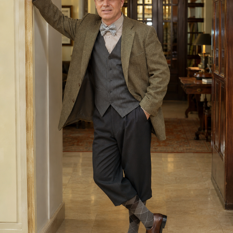 „20er Jahre Oldtimer Outfit Herren als Tragebeispiel mit Sakko Weste Schiebermütze und Knickerbocker Look“