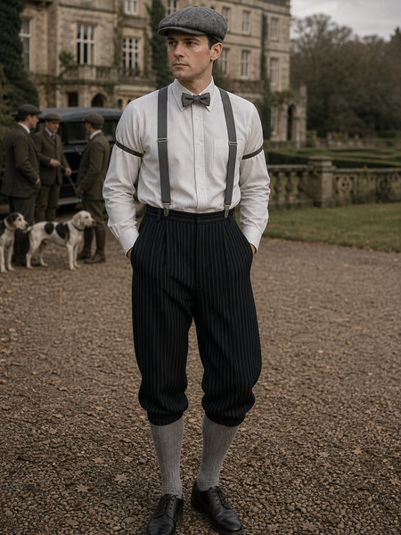 20er Jahre Herren Outfit im Stresemann-Stil mit gestreifter Hose, weißem Nadelstreifenhemd, Hosenträgern, Fliege, Schiebermütze und Ärmelhaltern an realem Model in historischer Jagdszene