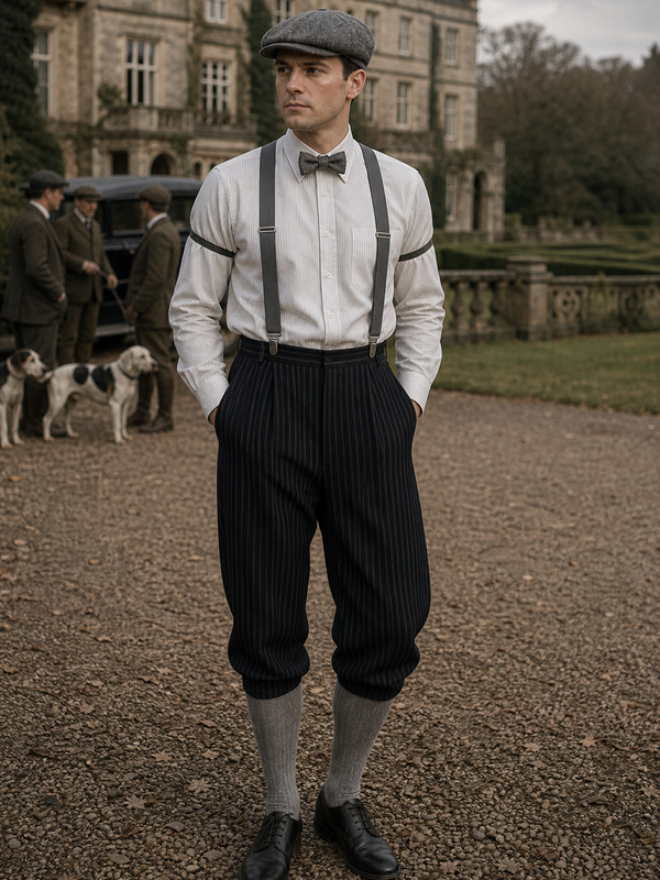 20er Jahre Herren Outfit im Stresemann-Stil mit gestreifter Hose, weißem Nadelstreifenhemd, Hosenträgern, Fliege, Schiebermütze und Ärmelhaltern an realem Model in historischer Jagdszene