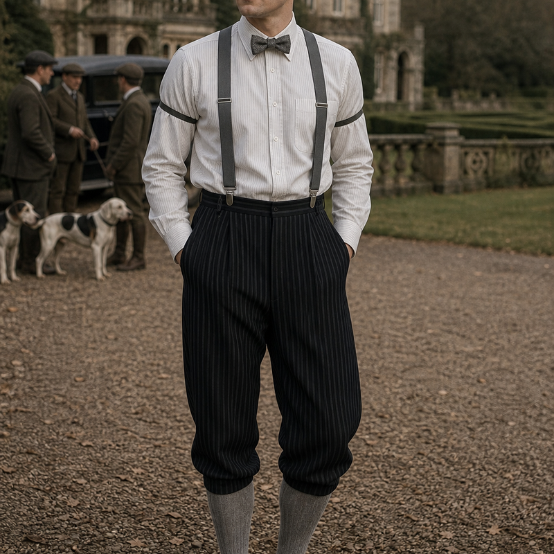 20er Jahre Herren Outfit im Stresemann-Stil mit gestreifter Hose, weißem Nadelstreifenhemd, Hosenträgern, Fliege, Schiebermütze und Ärmelhaltern an realem Model in historischer Jagdszene