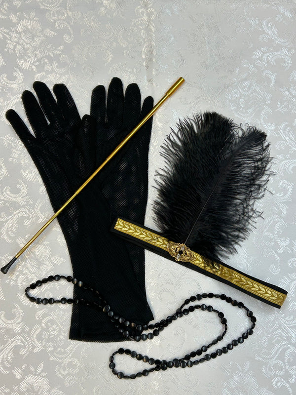 Elegantes Charleston Gatsby Set mit Kopfschmuck, Handschuhe, Perlenkette und Zigarettenspitze, schwarz gold, 