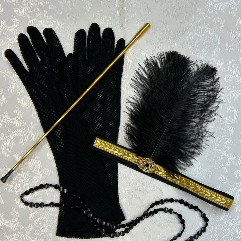 Elegantes Charleston Gatsby Set mit Kopfschmuck, Handschuhe, Perlenkette und Zigarettenspitze, schwarz gold, 