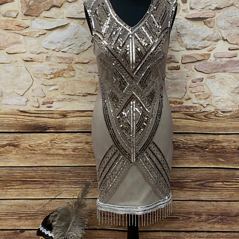 Hochwertiges 3teilige Charlestonkleid im 20er Jahre Stil, gold, silber, beige, inklusive Kopfschmuck und Handschuhe Gr.36
