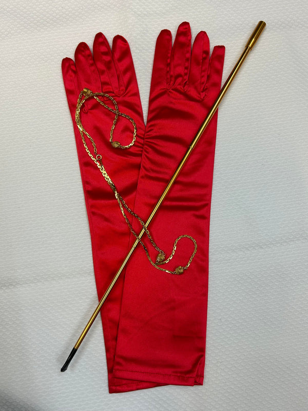 20er Jahre Damen Set mit roten Handschuhen und goldenen Accessoires