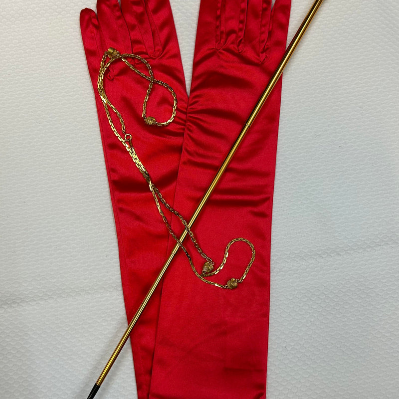 20er Jahre Damen Set mit roten Handschuhen und goldenen Accessoires