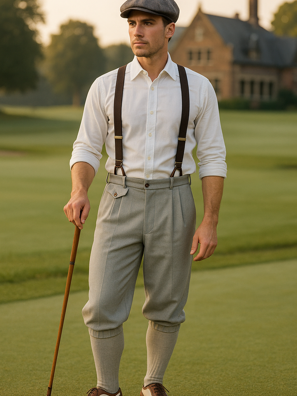 hellgrauen Knickerbocker, weißem Hemd, Hosenträgern, Schiebermütze, zweifarbigen Spectator-Schuhen und Hickory-Golfschläger