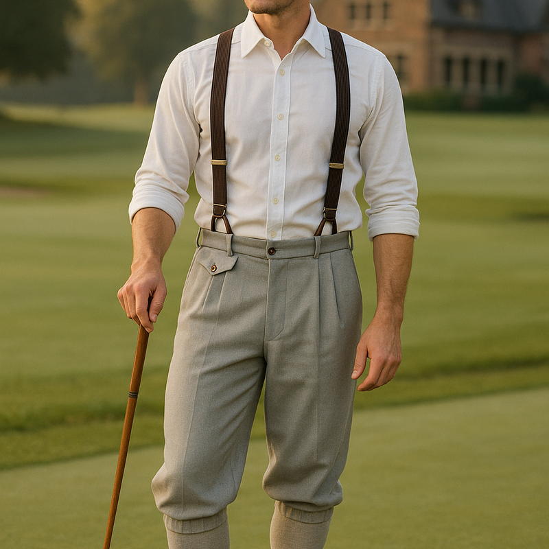 hellgrauen Knickerbocker, weißem Hemd, Hosenträgern, Schiebermütze, zweifarbigen Spectator-Schuhen und Hickory-Golfschläger