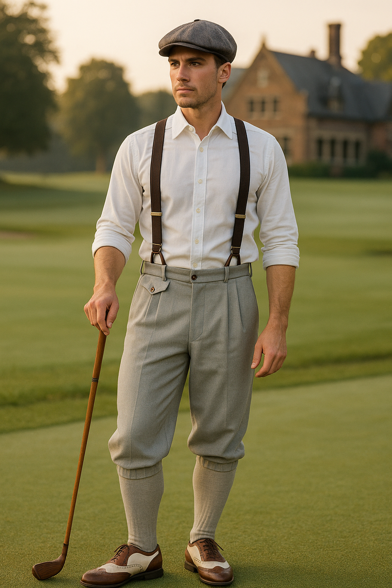 hellgrauen Knickerbocker, weißem Hemd, Hosenträgern, Schiebermütze, zweifarbigen Spectator-Schuhen und Hickory-Golfschläger