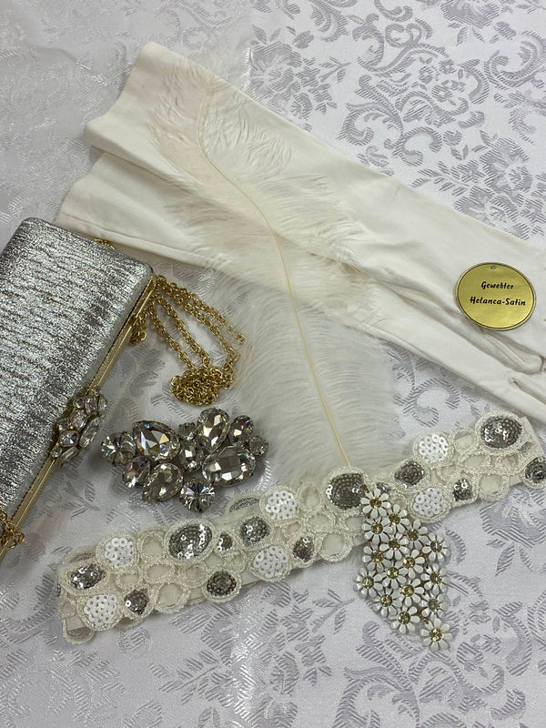 20er Jahre Damen Set Accessoires weiß/silber