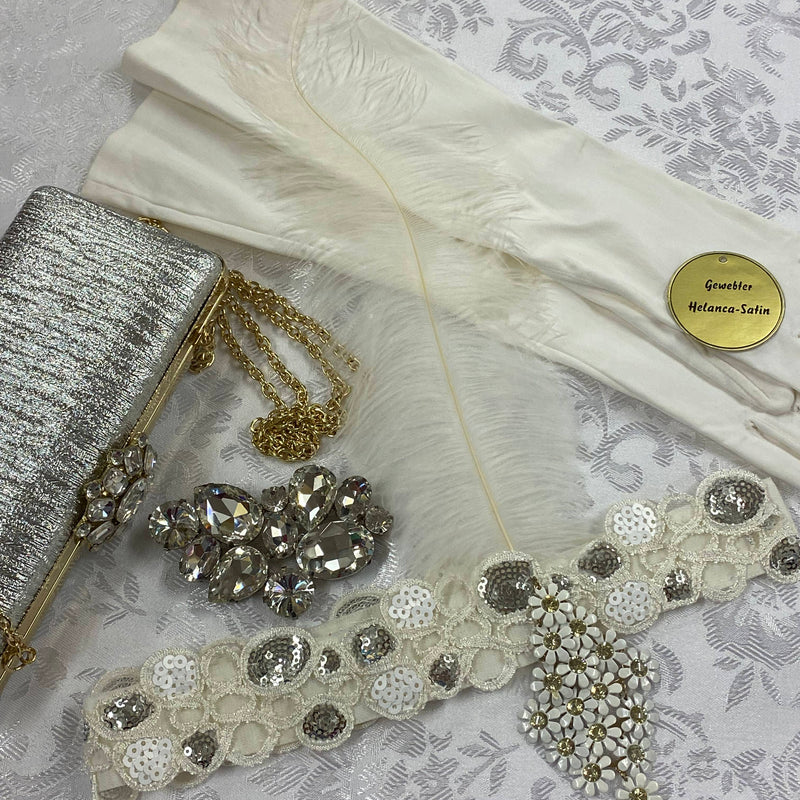 20er Jahre Damen Set Accessoires weiß/silber