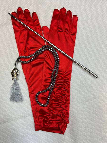 Rot glänzende Eleganz - Vintage Handschuhe & Accessoires Set, 20er Jahre