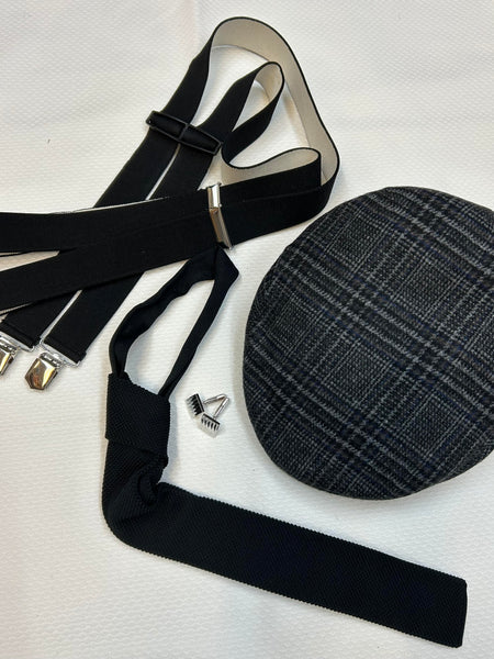 Herren-Set im 20er Jahre Stil, schwarz karierte ütze Größe 60, schwarze Hosenträger und Manschettenknöpfe in silber