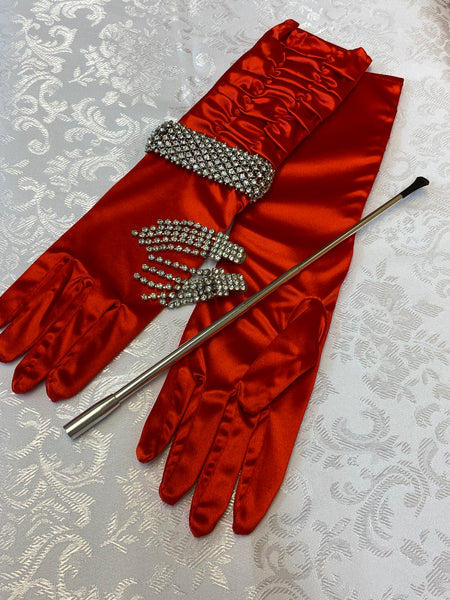 20er Jahre Accessoires Damen-Set, rote lange Handschuhe, Strassarmband, Strass-Ohrringe und Zigarettenspitze