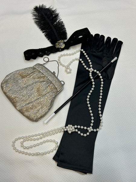 20er Jahre Accessoires Damen Set mit schwarzen langen Handschuhen, Kopfschmuck,  Perlenkette, Handtasche in silber,  Zigarettenspitze