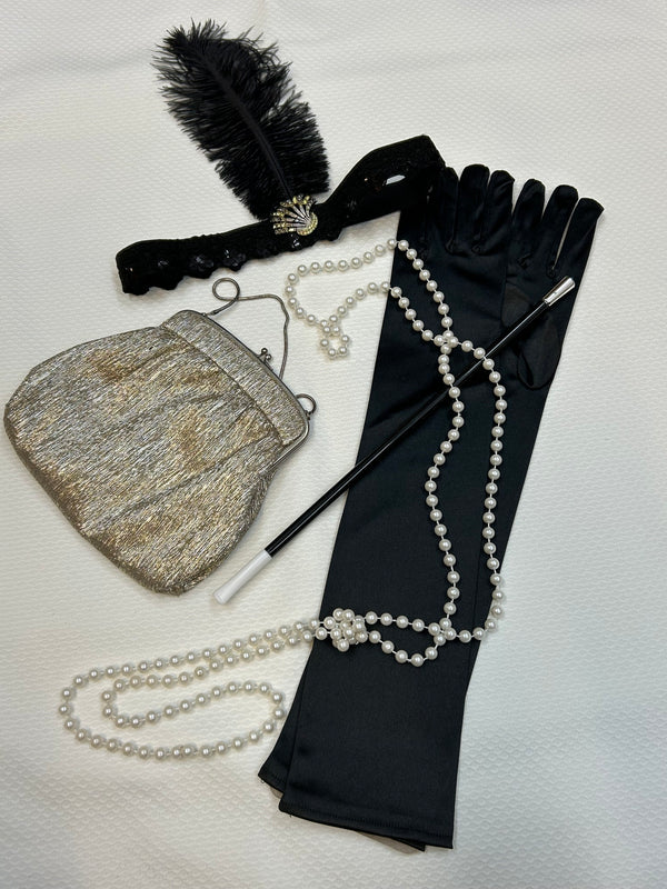 20er Jahre Accessoires Damen Set mit schwarzen langen Handschuhen, Kopfschmuck,  Perlenkette, Handtasche in silber,  Zigarettenspitze