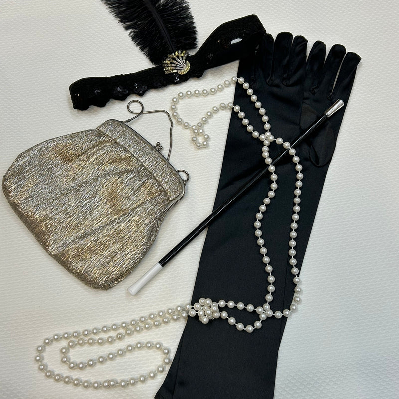 20er Jahre Accessoires Damen Set mit schwarzen langen Handschuhen, Kopfschmuck,  Perlenkette, Handtasche in silber,  Zigarettenspitze