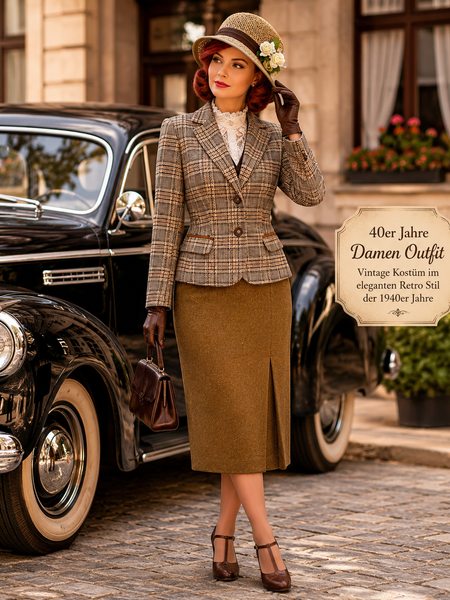 „Elegantes 40er Jahre Damen Outfit mit Blazer, wadenlangem Rock und Hut im Vintage Stil der 1940er Jahre“