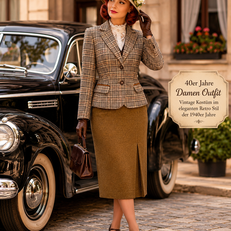 „Elegantes 40er Jahre Damen Outfit mit Blazer, wadenlangem Rock und Hut im Vintage Stil der 1940er Jahre“