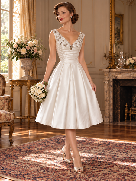 50er Jahre Brautkleid Größe 36 in Ivory mit Perlenbesatz, V-Ausschnitt und kürzerem Satinrock
