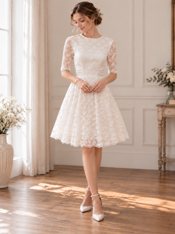 Kurzes 50er Jahre Brautkleid Größe 34 in Ivory mit floraler Spitze, Ellenbogenärmeln und ausgestelltem Rock